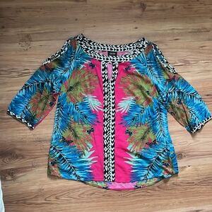 Nicole by Nicole Miller Blue and Pink Graphic 3/4 Sleeve Blouse